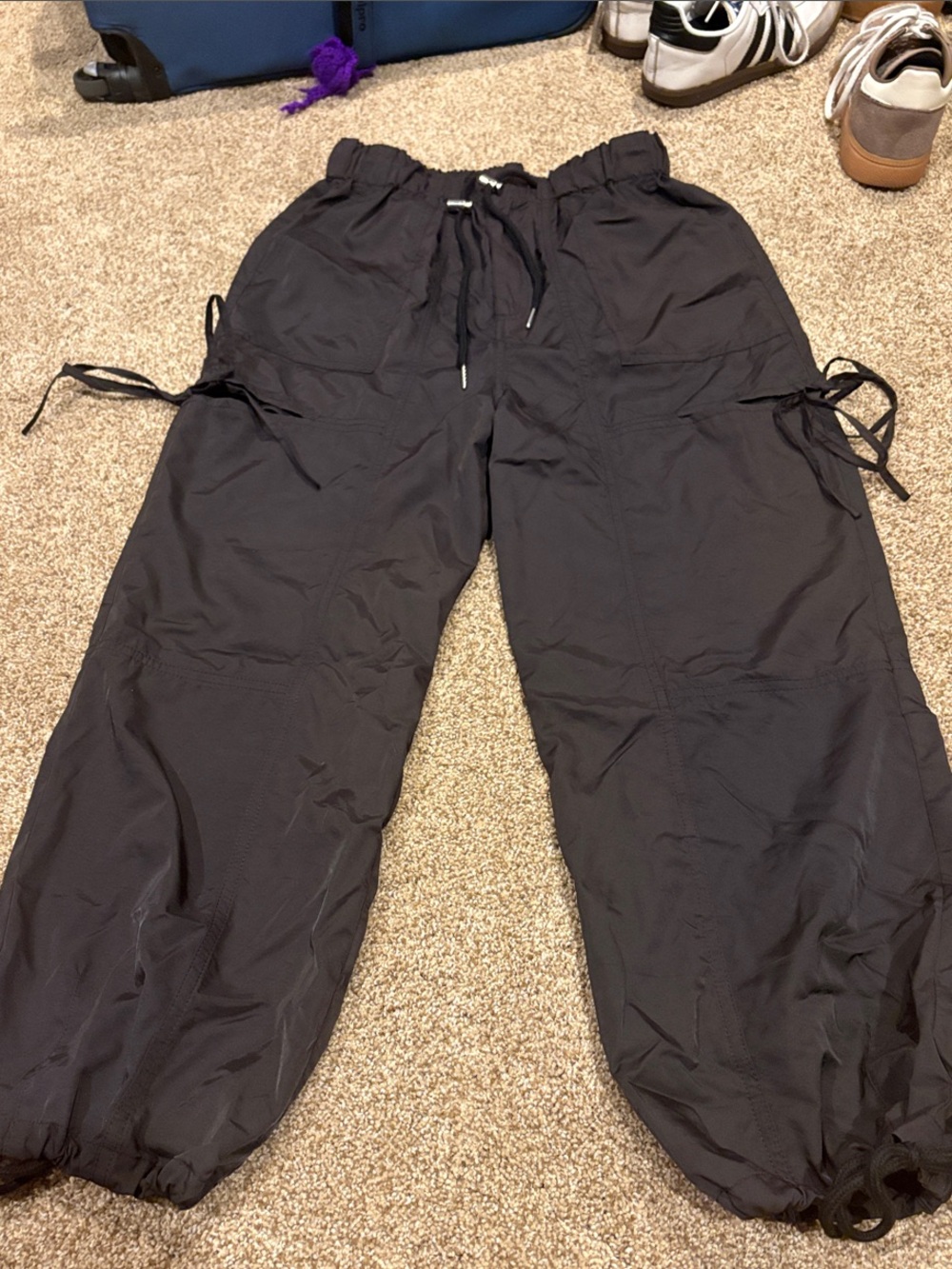 Black Drawstring Cargo Windbreaker Cutout Pants